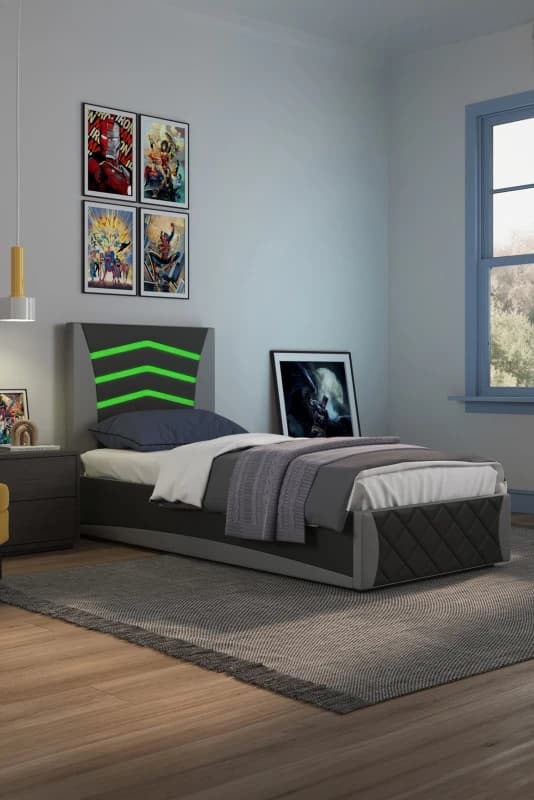 Slumberworx Galaxy Ottoman Storage LED Lights Headboard Gaming Faux Leather Single Bed Frame - Black And Grey, Black 5055744836052
