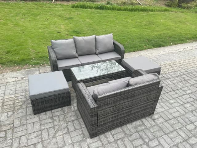 Fimous 7 Seater Outdoor Rattan Garden Furniture Set with Patio Lounge Sofa Set with 2 Big Footstool Dark Grey Mixed Dark Grey