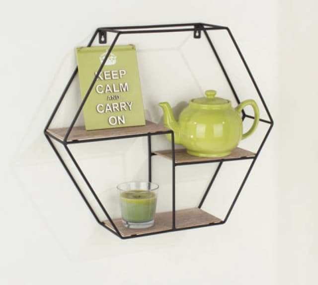 CORE PRODUCTS Core Products - Hexagonal Display Wall Shelf - W48 x D12 x H42cm - Black Metal/Wood Effect LF102