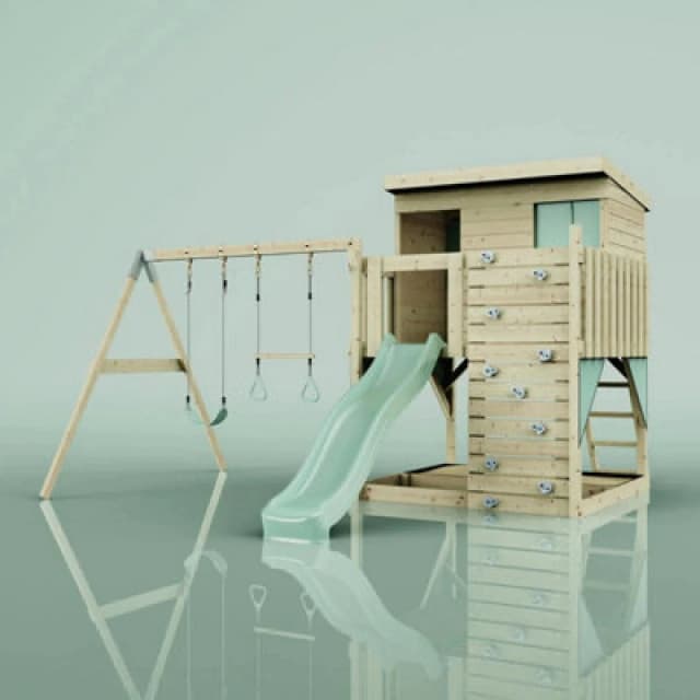 Polarplay Garden Climbing Platform And Playhouse With Double Swing For Kids - Nils With Trapeze Mint Green