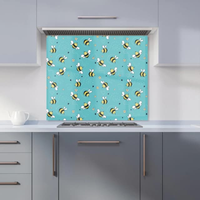 Warren Reed - Designer Hand Drawn Busy Bees Kitchen Splashback in Blue Size: 900mm x 650mm Blue Unisex 900mm x 650mm