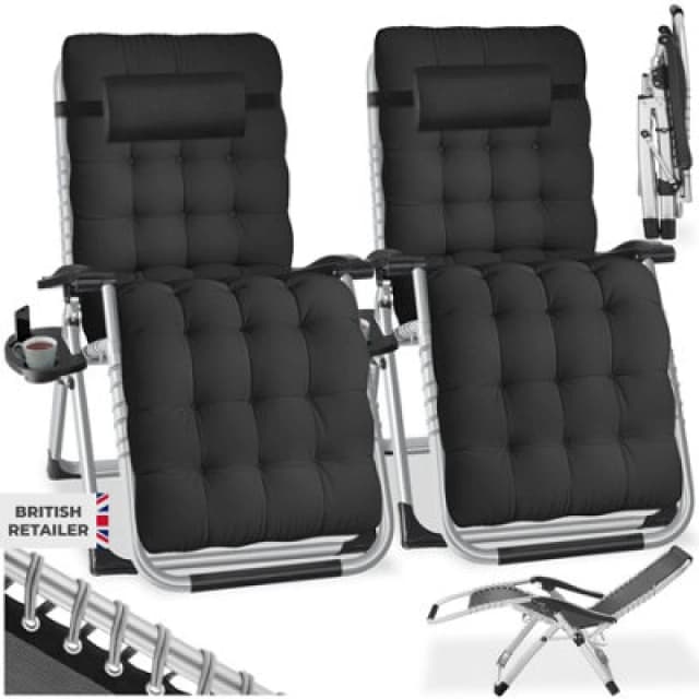 Tectake Sun Lounger Cloud - Folding, Adjustable Backrest And Footrest - Black - Set Of 2