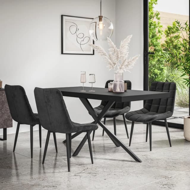 More4Homes Donni Dining Table And Chairs - Black Table Top W Black Legs + Nova Velvet Dining Chair Set Of 4 (Black)