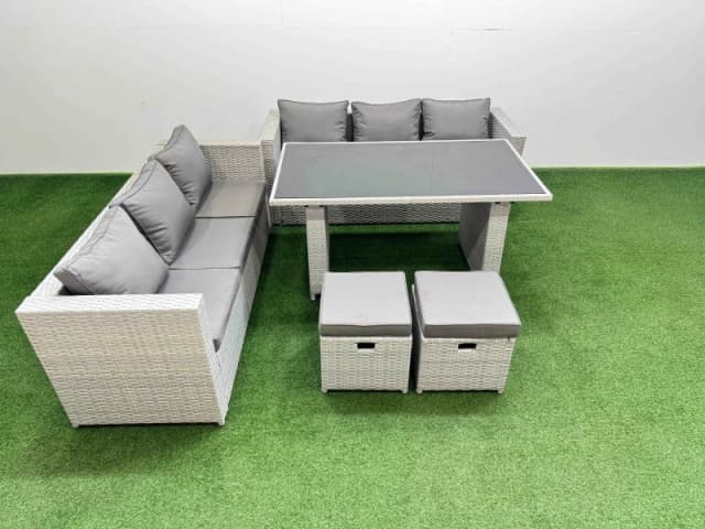 Fimous 8-seater Patio Rectangular Table Sofa Set with 2 Small Stools in Light Grey Light Grey Unisex