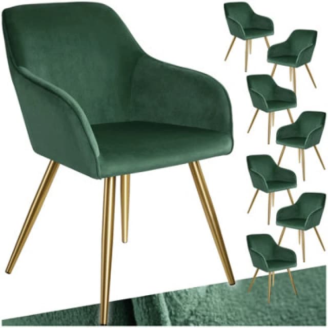 Tectake Set Of 8 Chair Marilyn With Velvet Cover, Gold Steel Legs And Plush Padding - Dark Green/gold