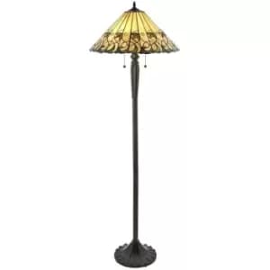 1.6m Tiffany Twin Floor Lamp Dark Bronze & Amber Stained Glass Shade i00017