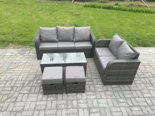 Fimous 7 Seater Outdoor Rattan Garden Furniture Set with Patio Lounge Sofa Set with Rectangular Coffee Table Dark Grey