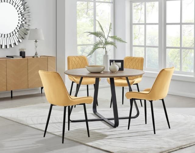 FurnitureboxUK FurnitureboxUK Santorini Brown Round Dining Table And 4 Pesaro Black Leg Chairs in Mustard Mustard One Size Unisex 5056542640131