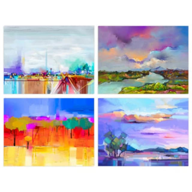 Wee Blue Coo Wall Art Print Set Of 4 Bright Multicoloured Coastal Landscape Abstract Oil Painting Wall Art