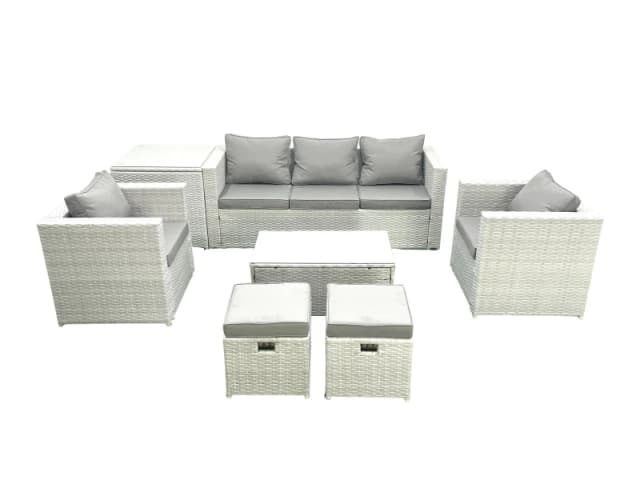 Fimous 7 Seater Rattan Garden Furniture Set with 3 Seater Sofa 2 Chair Rectangular Coffee Table 2 Small Footstools Side Table Light Grey Mixed Light G