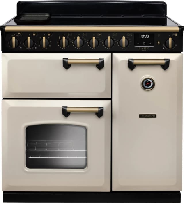 Rangemaster CLDL90EIPPCR/AB1 Classic Deluxe 90cm Induction Range Cooker Antique Brass Trim 18280 - Pale CREAM CLDL90EIPPCR/AB1