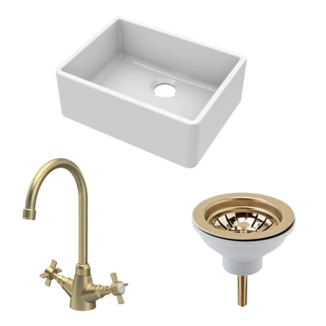 Balterley Fireclay 1 Bowl Butler Sink Waste Handle Tap Brushed Brass 595mm Bronze