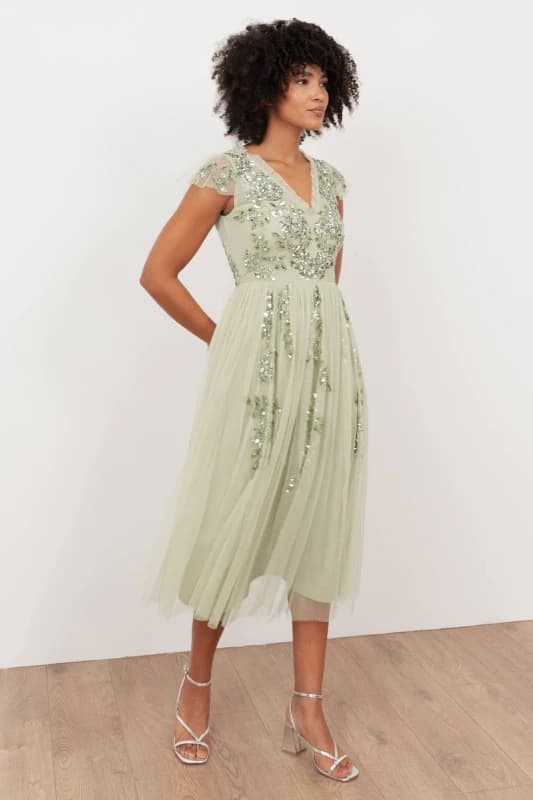 Maya Deluxe Womens Embellished Tulle Midi Dress in Light Green Size: 8 Light Green Female 8