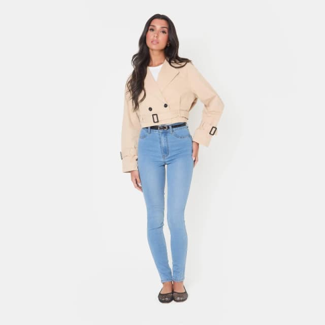 I Saw It First Womens Cropped Belted Long Sleeve Trench Coat Camel female 12 (M)