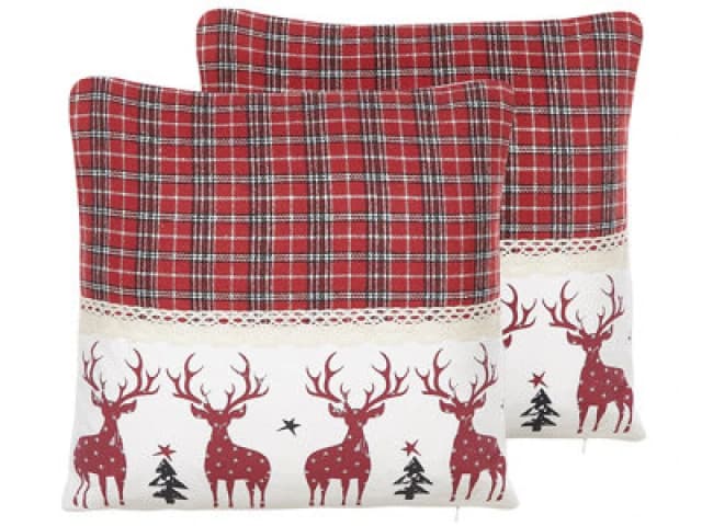 Beliani Set Of 2 Decorative Cushions Robbie 45 X 45cm Red Christmas Motif