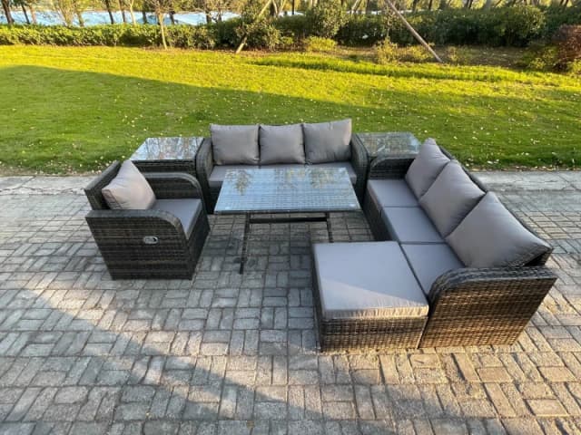 Fimous Outdoor Lounge Sofa Set Wicker PE Rattan Garden Furniture Set with Rectangular Dining Table Reclining Chair 2 Side Tables Big Footstool Dark Gr