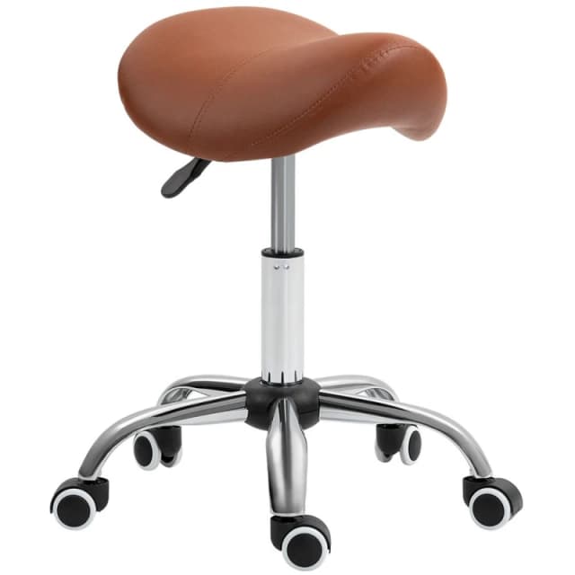 HOMCOM PU Leather Saddle Stool w/ Moulded Padded Seat Adjustable Height Pink - Brown TJ Hughes 5056725546656