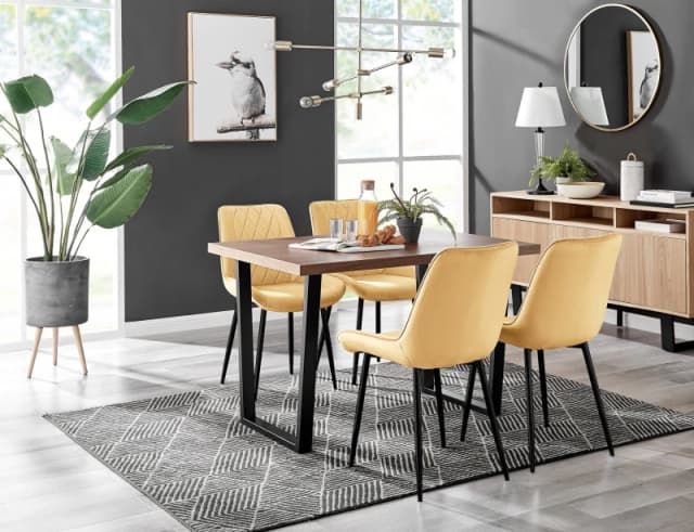 FurnitureboxUK FurnitureboxUK Kylo Brown Wood Effect Dining Table With Black 'U' Legs & 4 Pesaro Velvet Chairs in Mustard Mustard One Size Unisex 5056