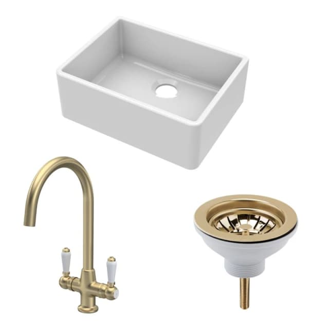 Balterley Fireclay 1 Bowl Butler Sink Strainer Waste Tap Brushed Brass 595mm Bronze