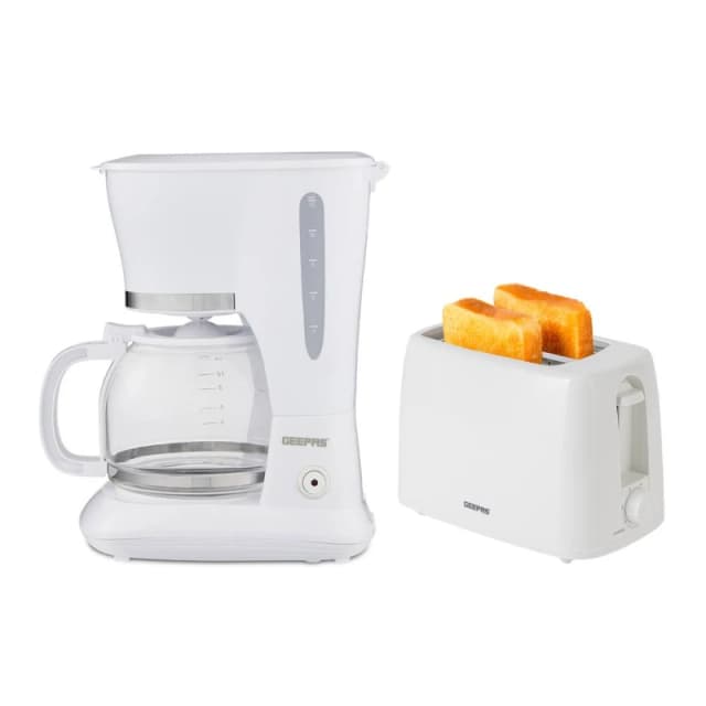 Geepas 1.5L Filter Coffee Machine & 2 Slice Toaster Combo Set in White White Unisex
