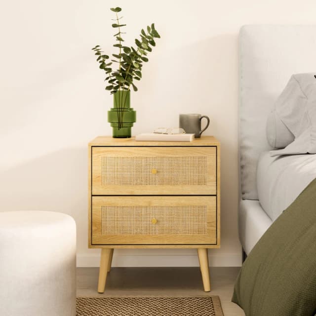 Vonhaus Bedside Table For Bedroom, Scandi Natural Rattan 2 Drawer Nightstand, Side Table For Living Room, Bedside Storage Cabinet