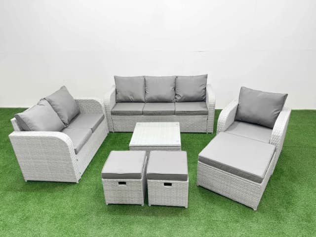 Fimous Patio PE Wicker 9 Seater Outdoor Rattan Furniture Sofa Sets with Square Coffee Table Reclining Chair Loveseat Sofa 3 Seater Sofa Stool Light Gr