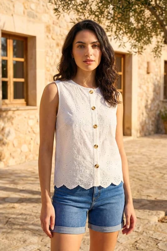 Dusk Womens Broderie Button Blouse in White Size: 14 White Female 14