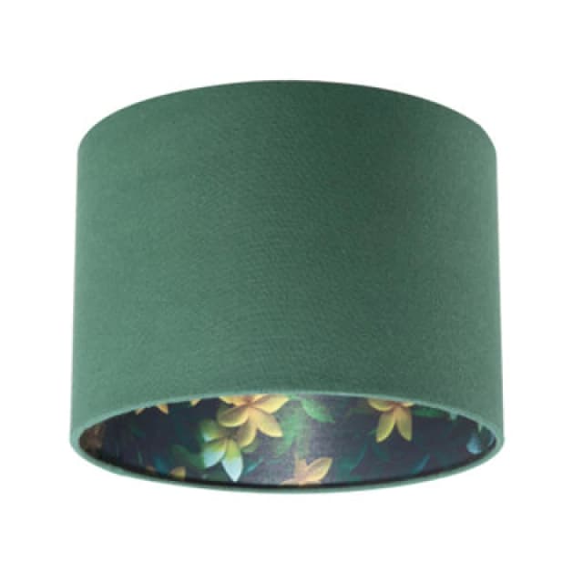 Happy Homewares Yellow And Green Flowers Round Lamp Shade In Forest Green Linen Fabric