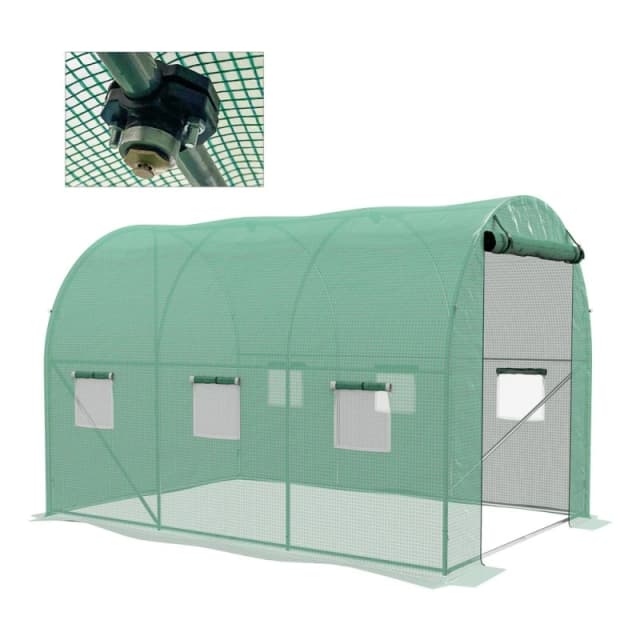 Outsunny Polytunnel Greenhouse with Sprinkler System, Walk-in Green House for Garden with Wide Roll-up Door, 6 Mesh Windows, Green 3 x 2m - Green - Ou