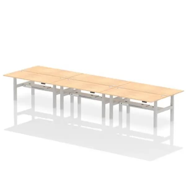 Air Air Back-to-Back 1800 x 800mm Height Adjustable 6 Person Bench Desk Maple Top with Cable Ports Silver Frame HASCP6P18800MPES