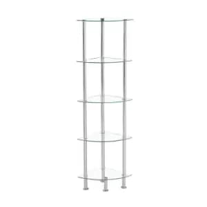 Modernique Glass Shelf 5 Tier Storage Unit, Rectangular Shape In Clear Glass With Chrome Stand