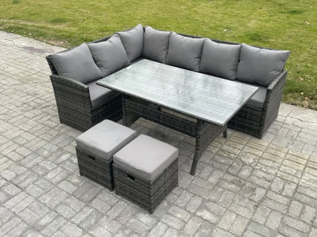 Fimous Outdoor Rattan Garden Furniture Corner Sofa Set with Rectangular Dining Table 2 Small Footstools Patio Wicker Rattan Set in Dark Grey Dark Grey