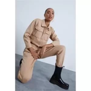 I Saw It First Stone Utility Button Top And Jogger Set - Brown