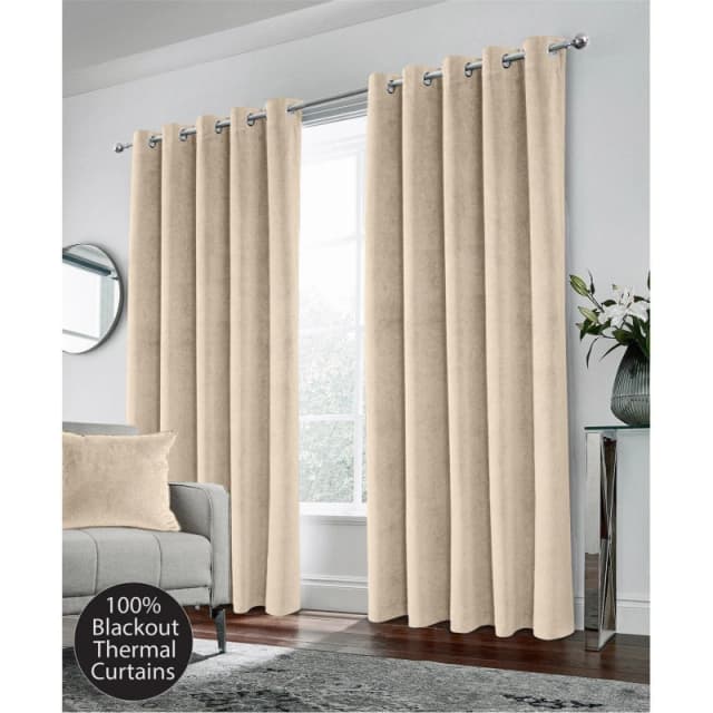 Enhanced Living Hampton Velvet 100% Blackout Thermal Ring Curtain - Cream Cream 90 x 90in