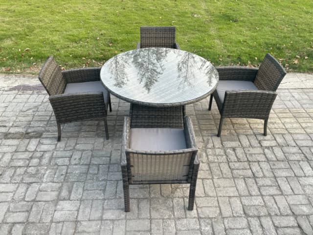 Fimous Wicker PE Outdoor Rattan Garden Furniture Arm Chair & Table Dining Sets 4 Seater Large Round Table Dark Grey Mixed Dark Grey Unisex
