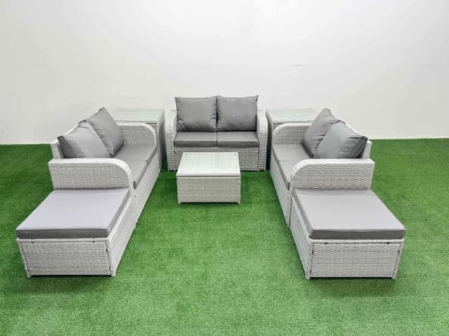 Fimous 8 Seater PE Wicker Rattan Furniture Sofa Sets with Square Coffee Table 2 Seater Love Sofa 2 Big Footstool 2 Side Table Light Grey Light Grey