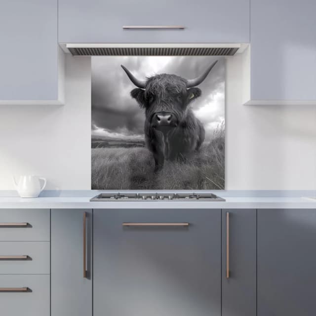 Warren Reed - Designer Black & White Highland Cow Kitchen Splashback in Grey Size: 600mm x 600mm Grey Unisex 600mm x 600mm