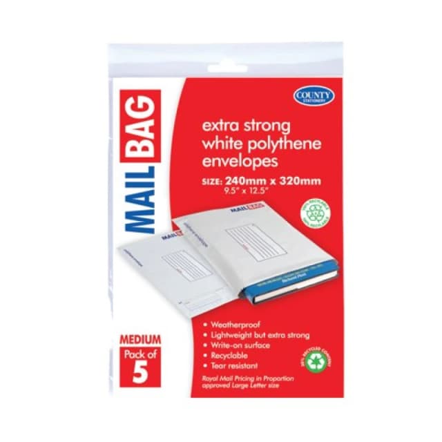 County Stationery Mail Bag Envelopes Extra Strong Polythene 10x5 Medium 240x320mm White (50 Pack) C261