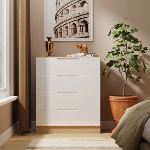 Welcome Furniture Ready Assembled Milan 4 Drawer Chest In White Gloss & Bardolino Oak, White MIL011WGBO