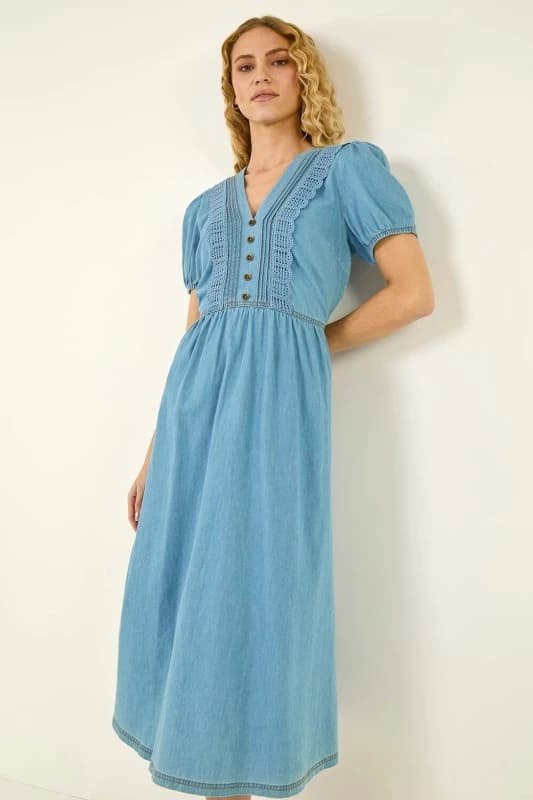 Roman Womens Cotton Crochet Trim Dress in Mid Blue Size: 16 Mid Blue Female 16