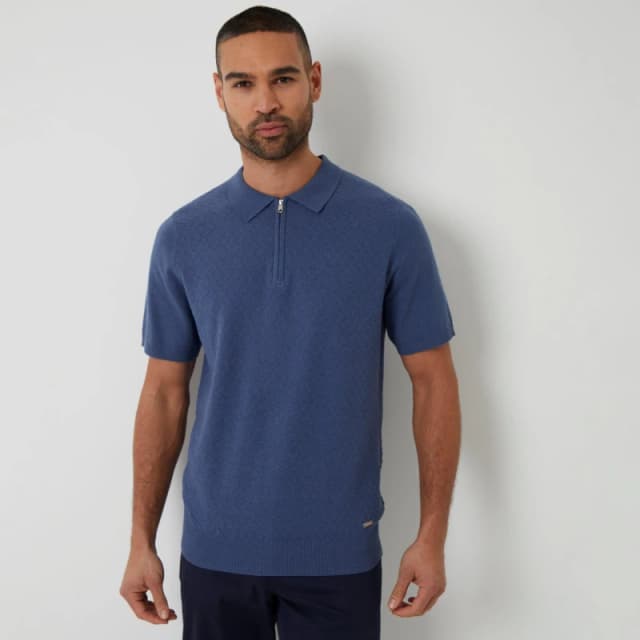 Threadbare Textured Front Quarter Zip Knitted Polo - Blue Blue XL