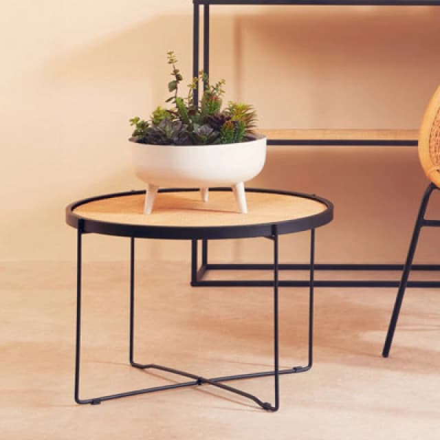 Premier Housewares Natural Rattan Top Round Coffee Table, Hand Woven Square Webbed Small Table, Sleek Wooden Coffee Table Natural