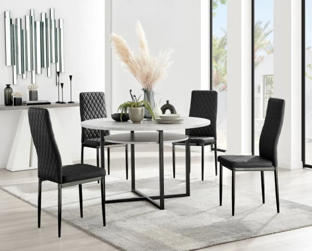 FurnitureboxUK FurnitureboxUK Adley Grey Concrete Effect And Black Round Dining Table with Shelf and 4 Velvet Milan Dining Chairs Grey One Size Unisex