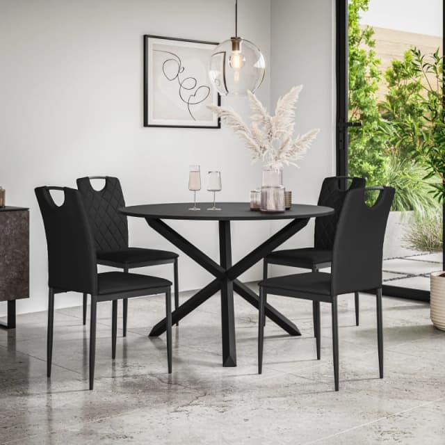 More4Homes Malvern Round Dining Table And Chairs - Black Table Top W Solid Oak Black Legs + Monza Faux Leather Dining Chair Set Of 4 (Black)