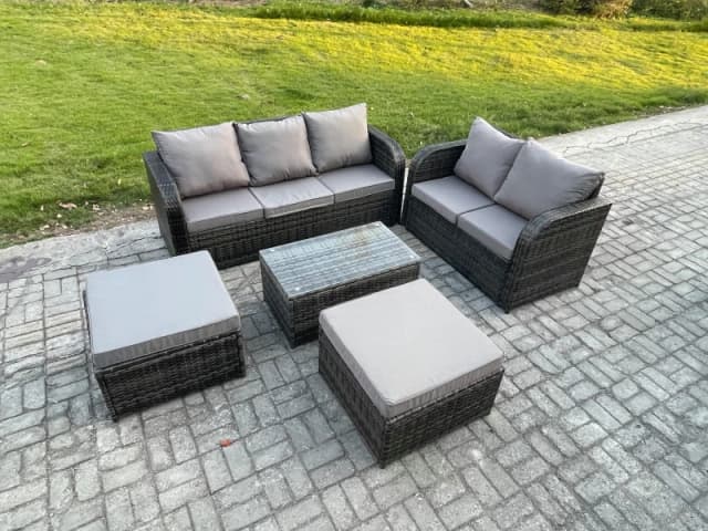 Fimous 7 Seater Rattan Wicker Garden Furniture Patio Conservatory Sofa Set with Rectangular Coffee Table 3 Seater Sofa Love Sofa 2 Big Footstool Dark