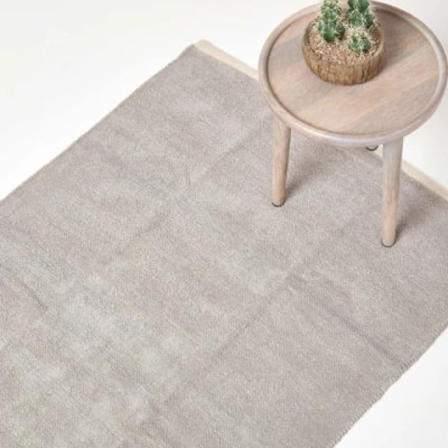 Homescapes Light Grey 100% Cotton Plain Chenille Rug With Natural Trim, 60 X 100 Cm
