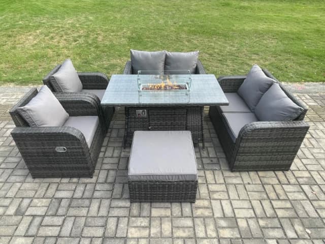 Fimous 7 Seater Rattan Garden Furniture Set Propane Gas Fire Pit Table and Sofa Chair set with Big Footstool Dark Grey