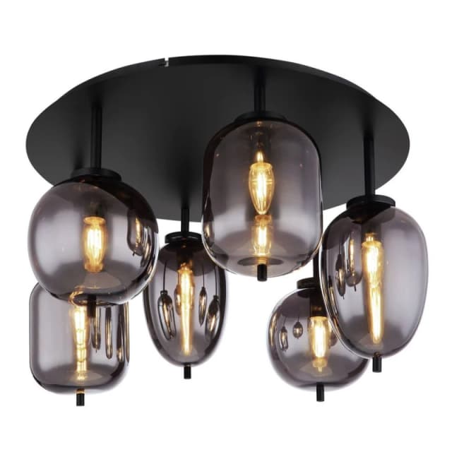 Netlighting Blacky Globe Ceiling Light Matt Black Smoke Glass Shade 6x E14 Black Unisex