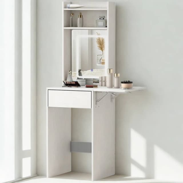 Pirlo Plush 1 Drawer Drop Leaf Dressing Table With Mirror & LED Lights in White White Unisex