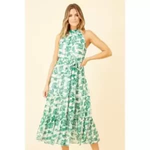 Yumi Green Leaf Print Halter Neck Midi Dress - Green